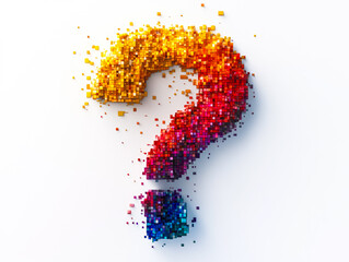 A vibrant and colorful question mark composed of tiny colored pixel blocks on a white background, representing curiosity and inquiry.