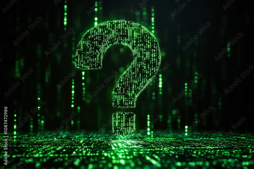 Poster an artistic representation of a digital green question mark made of matrix-like binary code, symboli