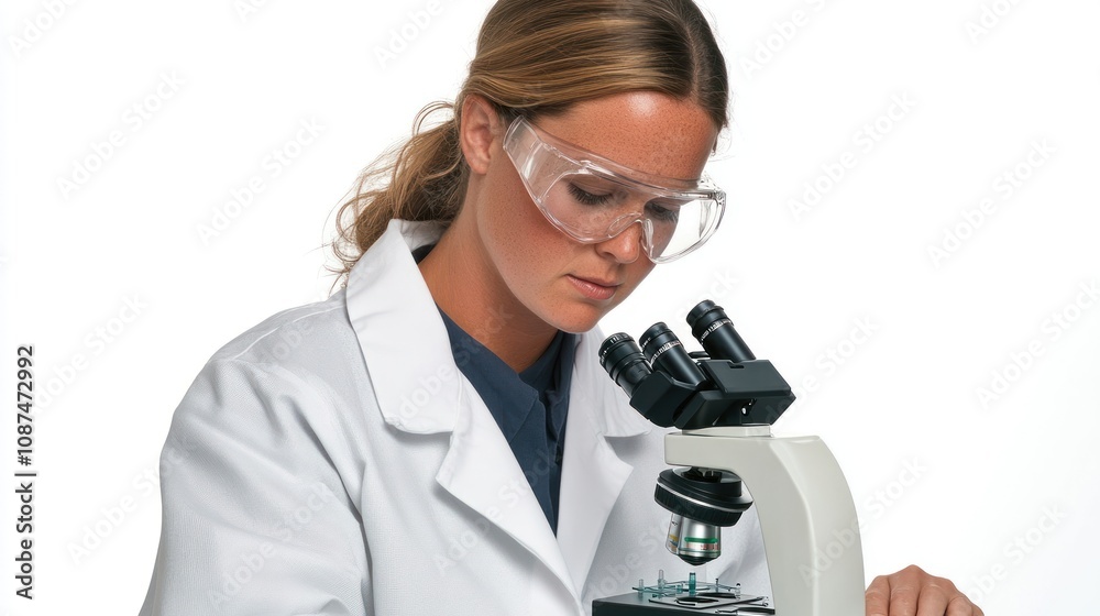Poster Woman Scientist Using a Microscope in a Lab