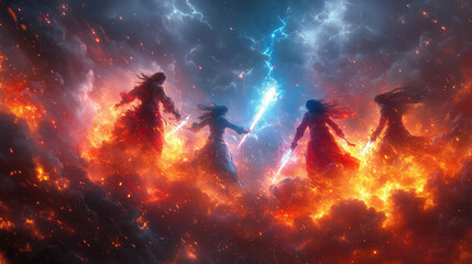 Fototapeta premium Epic full-body anime duel between a hero and a villain, both wielding massive glowing energy swords. The battlefield is a vast desert with swirling sandstorms and beams of light piercing through the d