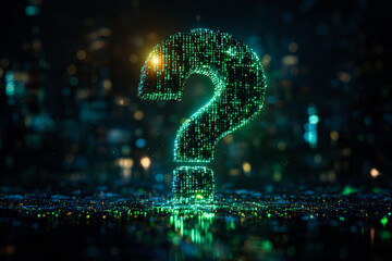 A digital, matrix-like green question mark amidst a futuristic cityscape, symbolizing exploration of tech, innovation, and unknown realms.