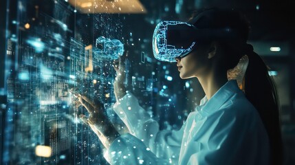 A woman wearing a VR headset interacts with a digital interface, surrounded by glowing data streams.