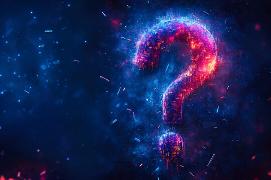 A vibrant question mark hovering in a colorful nebula, combining digital art with cosmic themes, evoking wonder and exploration.
