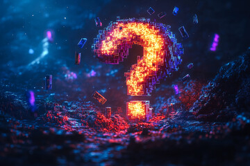A striking question mark composed of luminous pixels in a sci-fi style environment, encapsulating curiosity and digital exploration.