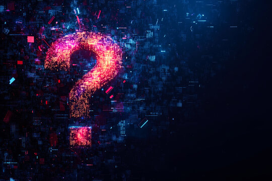 A glowing pink and blue question mark in a cosmic setting, symbolizing mystery amidst a digital abstract representation of the universe.