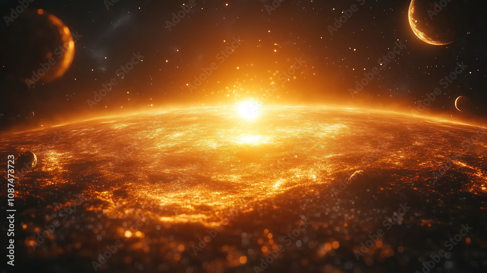 Poster a stunning view of a bright sun rising over a fiery planet with distant celestial bodies in a cosmic