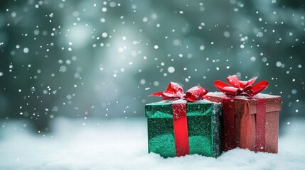Red and green Christmas gifts with ribbons on a snowy background, ready for holiday scenes.