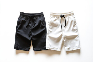 Black and white board shorts with drawstring waists displayed on a clean white background, highlighting their casual design and functionality, perfect for swimwear mockups, summer branding