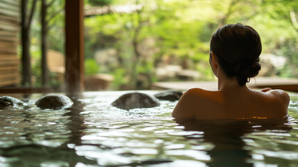 Fototapeta premium A serene image of a woman relaxing in an indoor hot spring, viewed from behind. Сalming scene embodies relaxation, nature, and wellness, perfect for themes of spa retreats, self-care