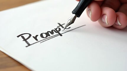 Fototapeta premium Hand Holding Fountain Pen Writing 'Prompt' on Paper