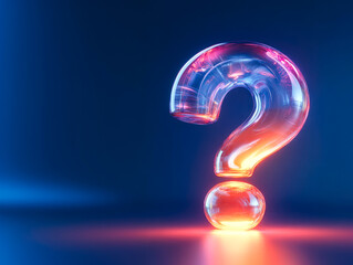 A luminous glass question mark brilliantly shines in a serene blue backdrop, symbolizing clarity amidst uncertainty and innovation.