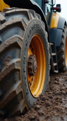 Close-Up of Tractor Tire Immersed in Thick Mud Outdoors
