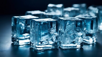 Clear Ice Cubes Glistening Under Soft Light on a Dark Surface