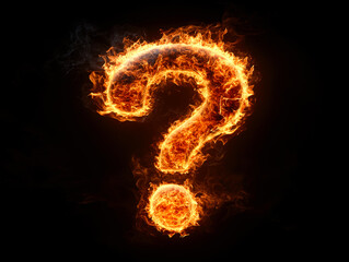 An intense flaming question mark illuminated against a dark backdrop, richly symbolizing fiery curiosity and intense inquiry artistically.