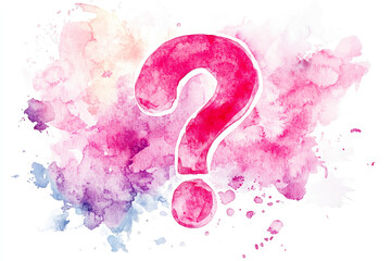 Stylish pink question mark surrounded by a gentle watercolor splash, symbolizing inquiry and wonder in contemporary art style.