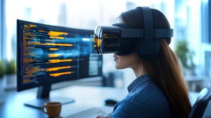 A female developer immersed in a virtual reality project at a modern office in the afternoon