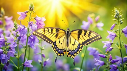 A vibrant yellow and black butterfly perched amongst a field of delicate purple flowers, bathed in warm sunlight.