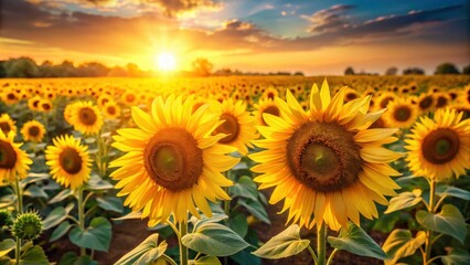 Obraz premium A Field of Sunflowers Bathed in the Warm Glow of a Setting Sun, Their Bright Yellow Petals Reaching Towards the Horizon
