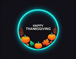 Happy Thanksgiving greeting card design with the neon round frame, pumpkins and leaves on black background. Created by Artist Nadia Russ.