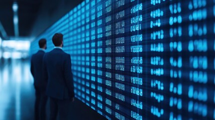 Fototapeta premium Professionals Analyzing Digital Stock Data on Backlit Wall with Blue Light, Representing Market Trends, Finance, Technology, and Business Analysis