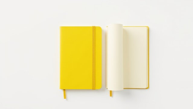 This moleskine bullet journal mockup features a vibrant yellow notebook, displayed open with blank pages and closed with an elastic band.