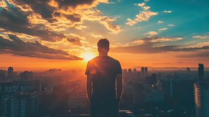 Fototapeta premium A man stands on a rooftop overlooking a city skyline as the sun sets behind him.