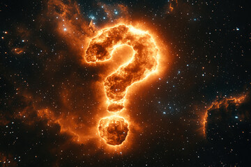 A fiery, nebula-like question mark composed of celestial fire against the romantic backdrop of the starry universe, suggesting cosmic wonder.