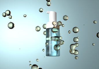 Glass transparent bottle with liquid water bubbles on blue background. 3D render