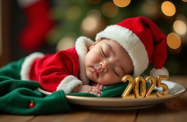 Baby in Santa Claus costume sleeping on Christmas background with the number 2025