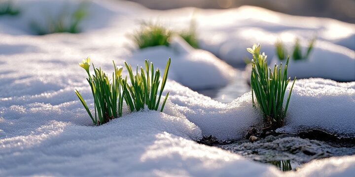Spring brings the melting snow, revealing fresh grass underneath. The transition of spring is highlighted by the snow melting and the emergence of grass as nature begins to awaken.