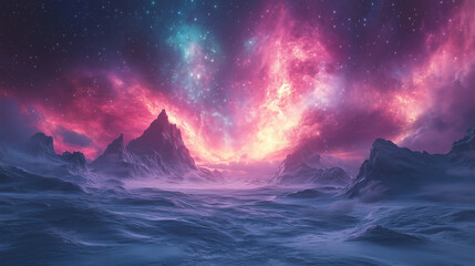 Naklejka premium Stunning cosmic landscape with vibrant colors illuminating mountains and water at dusk, capturing the beauty of the universe. Generative AI