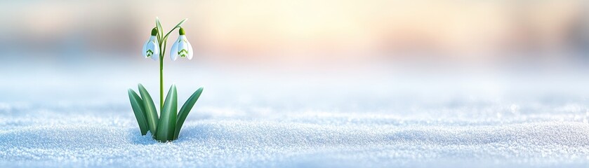 A delicate snowdrop flower emerges from the snow, symbolizing resilience and the arrival of spring amidst winter's chill.