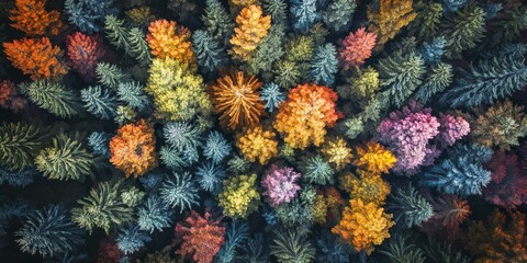 This stunning aerial photograph captures the mesmerizing beauty of forests from an elevated perspective, highlighting the enchanting allure of forests in a vibrant display.