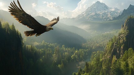 Majestic Eagle Soaring Over Lush Green Valley with Mountain and Serene River in Background Under Bright Blue Sky and Soft Cloud Cover
