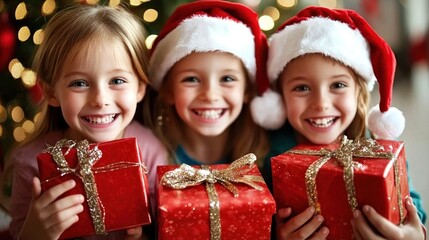 Young kids opening Christmas presents with big smiles and excitement on Christmas morning.