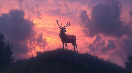 Majestic Stag Silhouetted Against a Vibrant Sunset Over a Hill with Dramatic Clouds in the Background, Showcasing Nature&rsquo;s Beauty