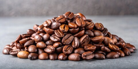 A Close-Up View of Roasted Coffee Beans Arranged in a Pile on a Gray Surface