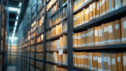 Rows of shelves filled with archival boxes in a large storage facility.