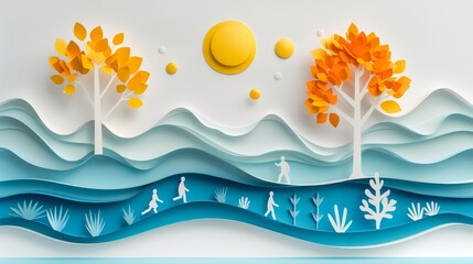 Colorful Paper Art Collage Illustrating Work-Life Balance Concept with Nature Elements and Human Figures