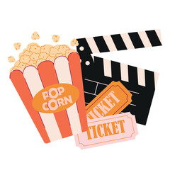 Flat vector illustration set of cinema. Popcorn, cinema tickets, numbering machine.Objects isolated on white background.