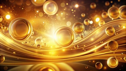 Golden liquid flowing through a shimmering, abstract background with floating orbs and a warm glow.