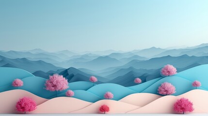 Abstract Landscape with Pink Trees and Blue Mountains in Minimalist Style