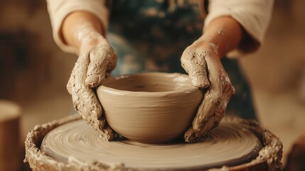 Traditional pottery artist shaping clay on a wheel, handcrafted, ancient techniques