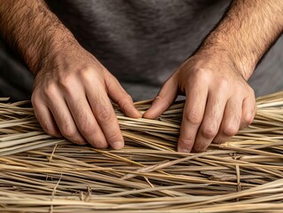 Basket weaver arranging dried reeds with precision, handmade, artisanal skill
