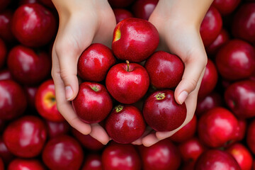 Red apples in female hands against background of harvest of ripe red apples