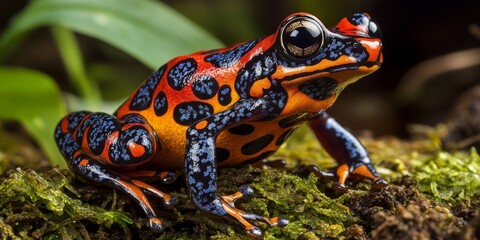 Fototapeta premium Harlequin frog species, characterized by its vibrant colors, thrives in its natural habitat. The harlequin frog showcases unique traits and behaviors that highlight its ecological importance.