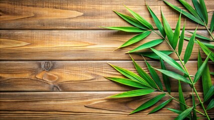 Obraz premium Green palm leaves arranged on a brown wooden surface with natural light illuminating the scene