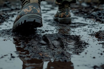 Soldier walks through muddy terrain leaving behind deep footprints at dusk. Generative AI