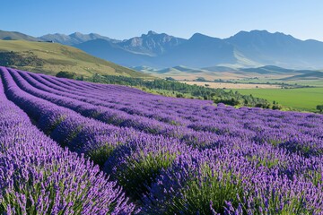 Stunning Lavender Fields Under Blue Skies and Mountains