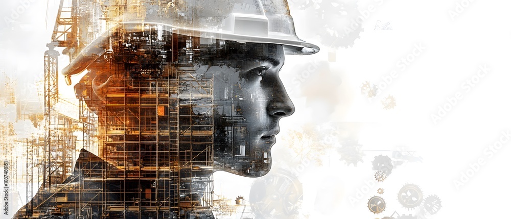 Poster thoughtful engineer in hard hat reflecting on industrial development with layered textures of constr